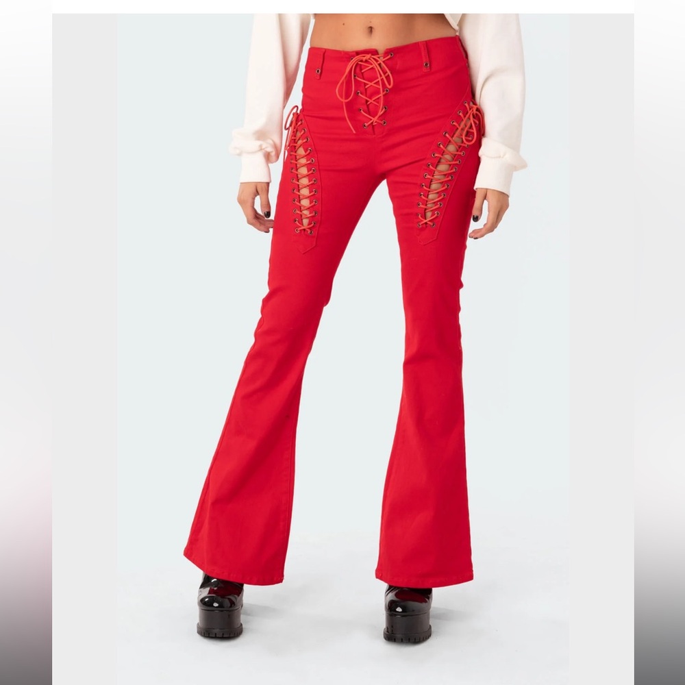 Edikted Bold Red Lace-Up Flare Pants